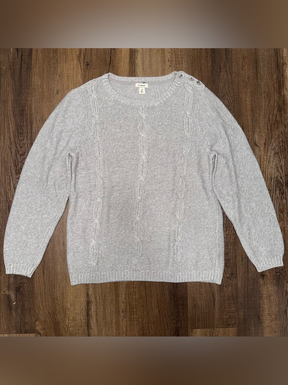 L.L. Bean Light Grey Cable Knit Shoulder Button Knit Sweater Medium